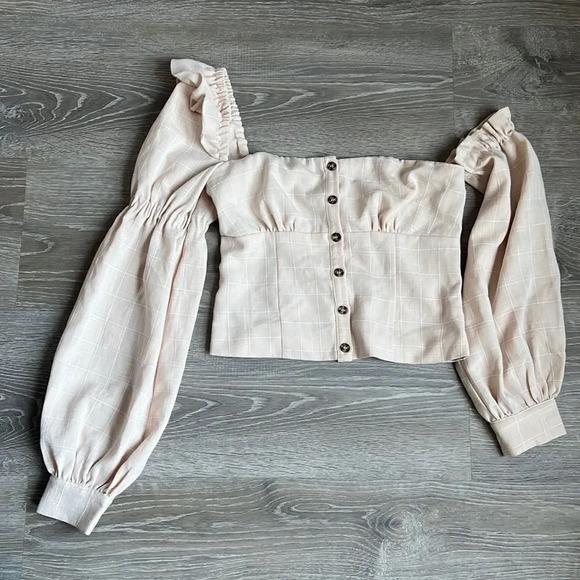 Song Of Style Emery Top One Shoulder Ruffle Beige Check - Picture 2 of 8